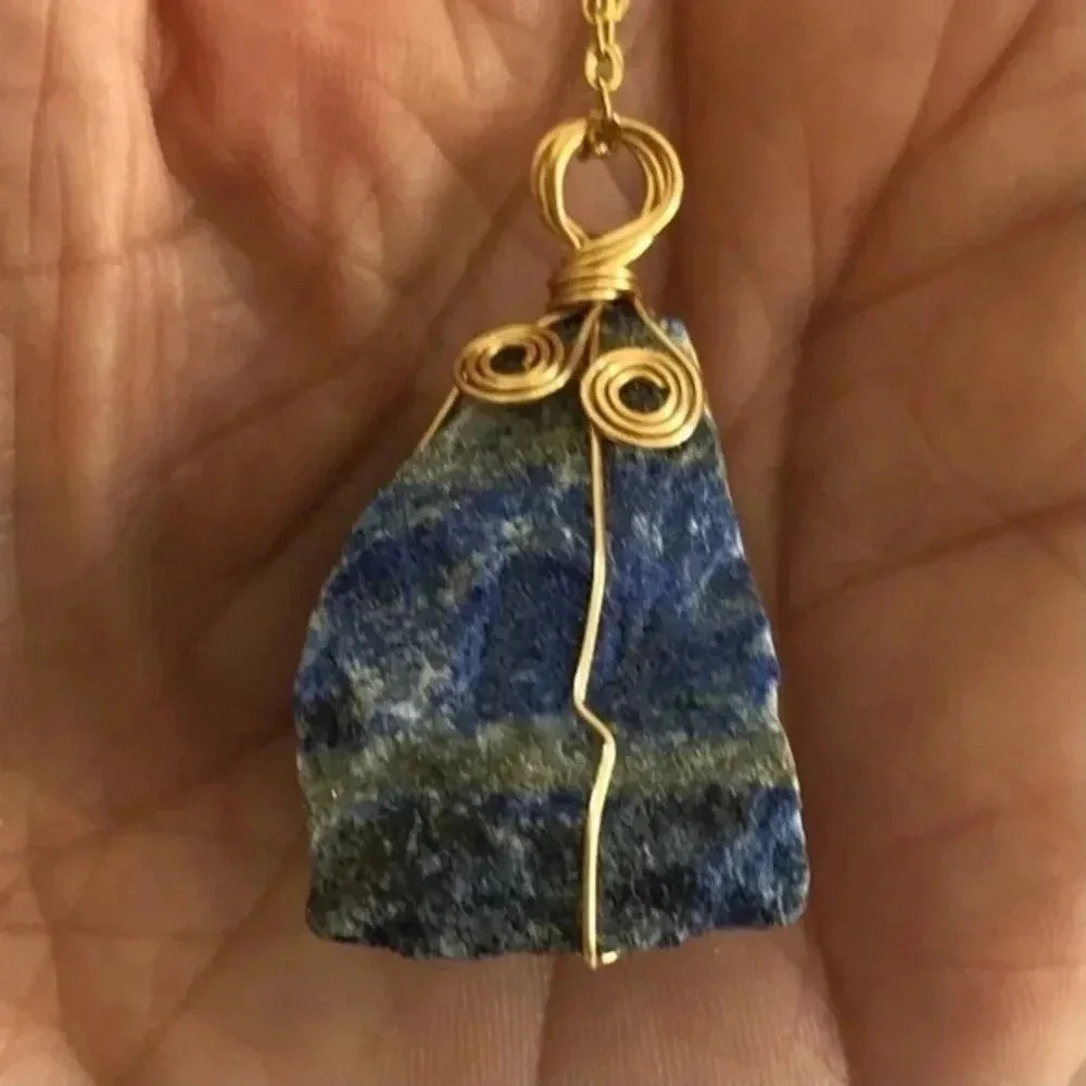Sodalite Large Rough Raw Stone Handmade Gold Necklace NWT